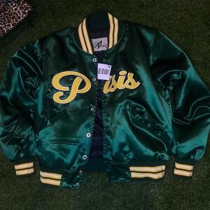 Green Satin Varsity Jacket with Yellow Lettering